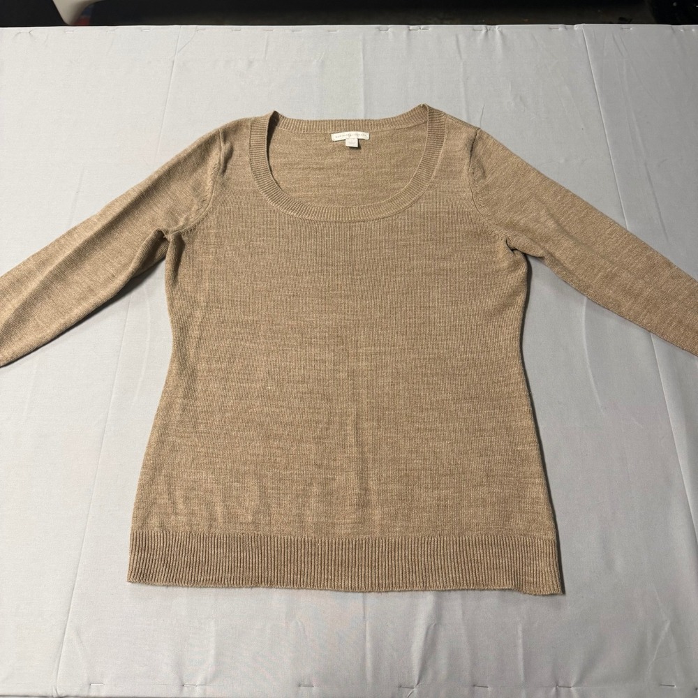 New York & Company‎ Womens Tan Scoop Neck 3/4 Sleeve Pullover Sweater Small